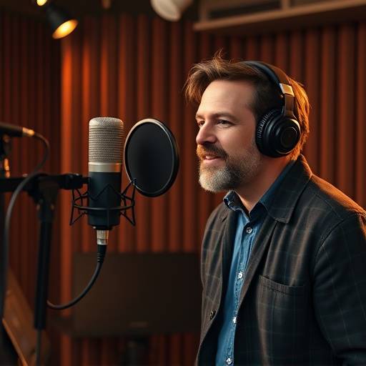 En voiceover-artist som snakker inn i en mikrofon under en reklameinnspilling